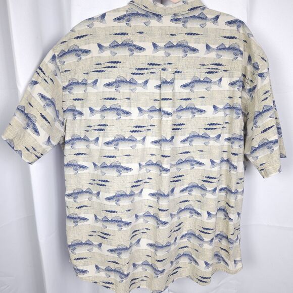 Woolrich Mens XL Beige River Lures & Fish Fishing Graphics Button Down Shirt - Picture 2 of 7